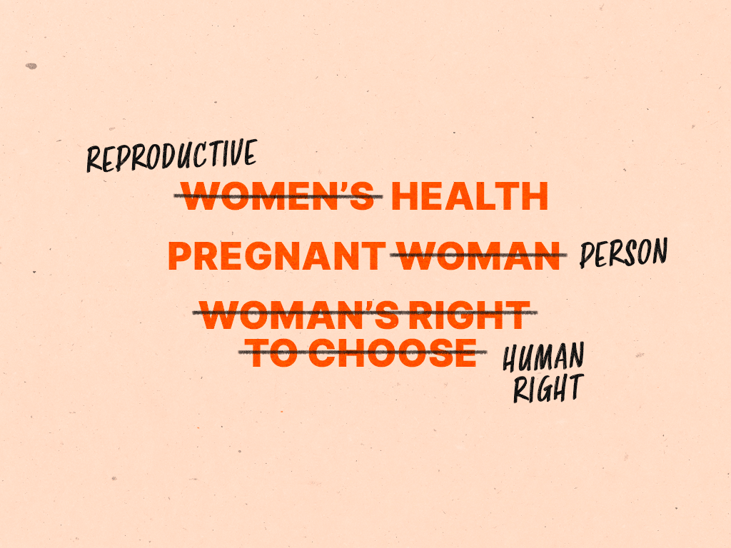 Image that reads women's health with women's crossed out and replaced with reproductive. Pregnant woman with woman crossed out and replaced with person. Woman's right to choose crossed out and replaced with human right.