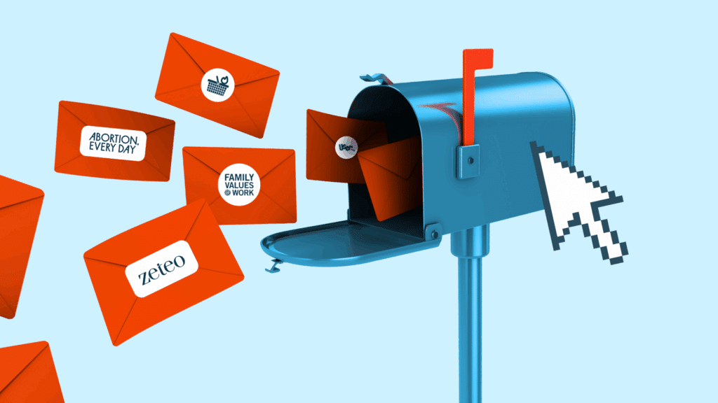 Mailbox open with newsletters flying in
