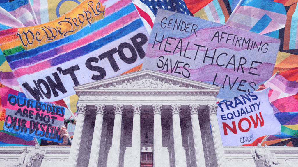 Supreme Court Justice building surrounded by LGBTQ+ signs in support of bodily autonomy