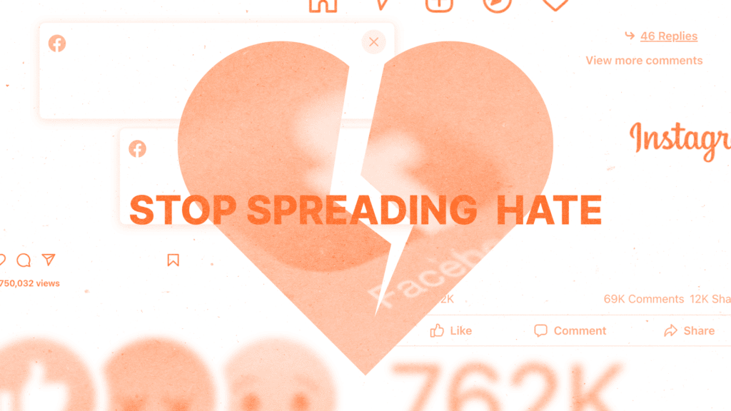 Facebook and Instagram collage with text "stop spreading hate"