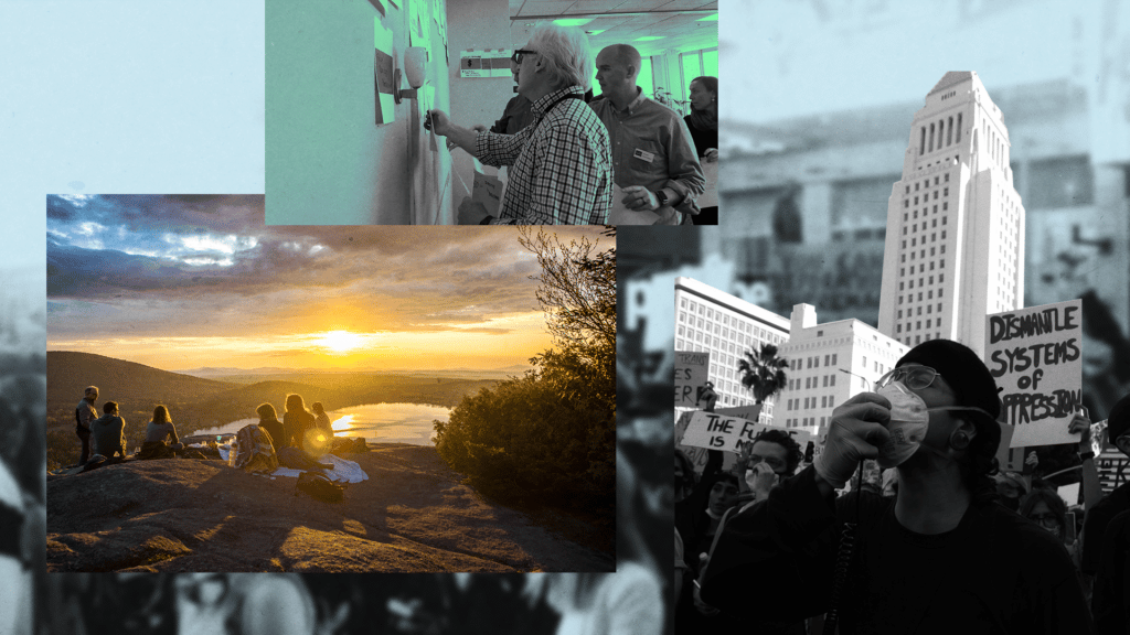 Collage of photo of NPS coalition brainstorming on board, group of friends on cliff waiting sunset, and a group of protesters