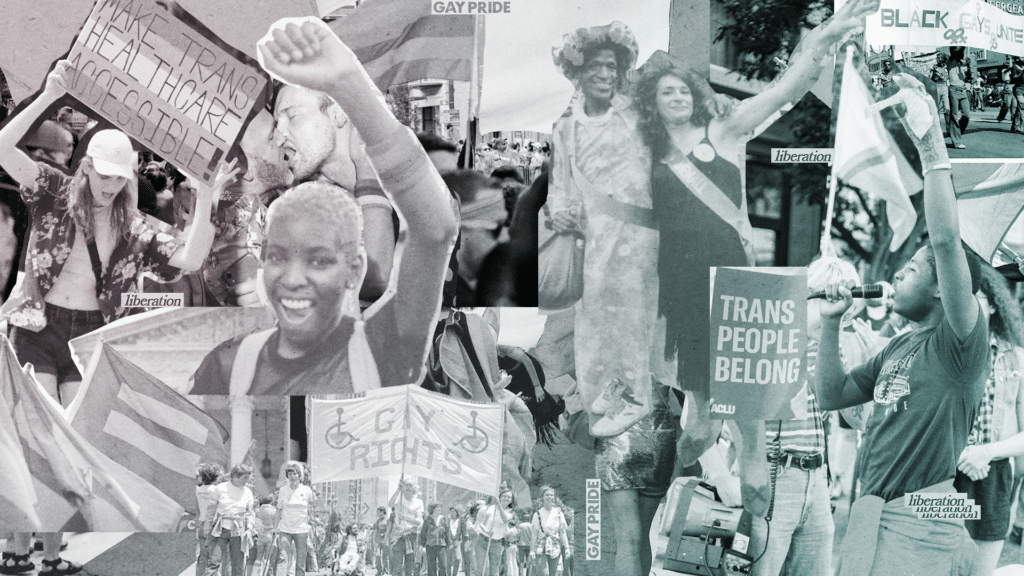 Collage of community members at Pride marches
