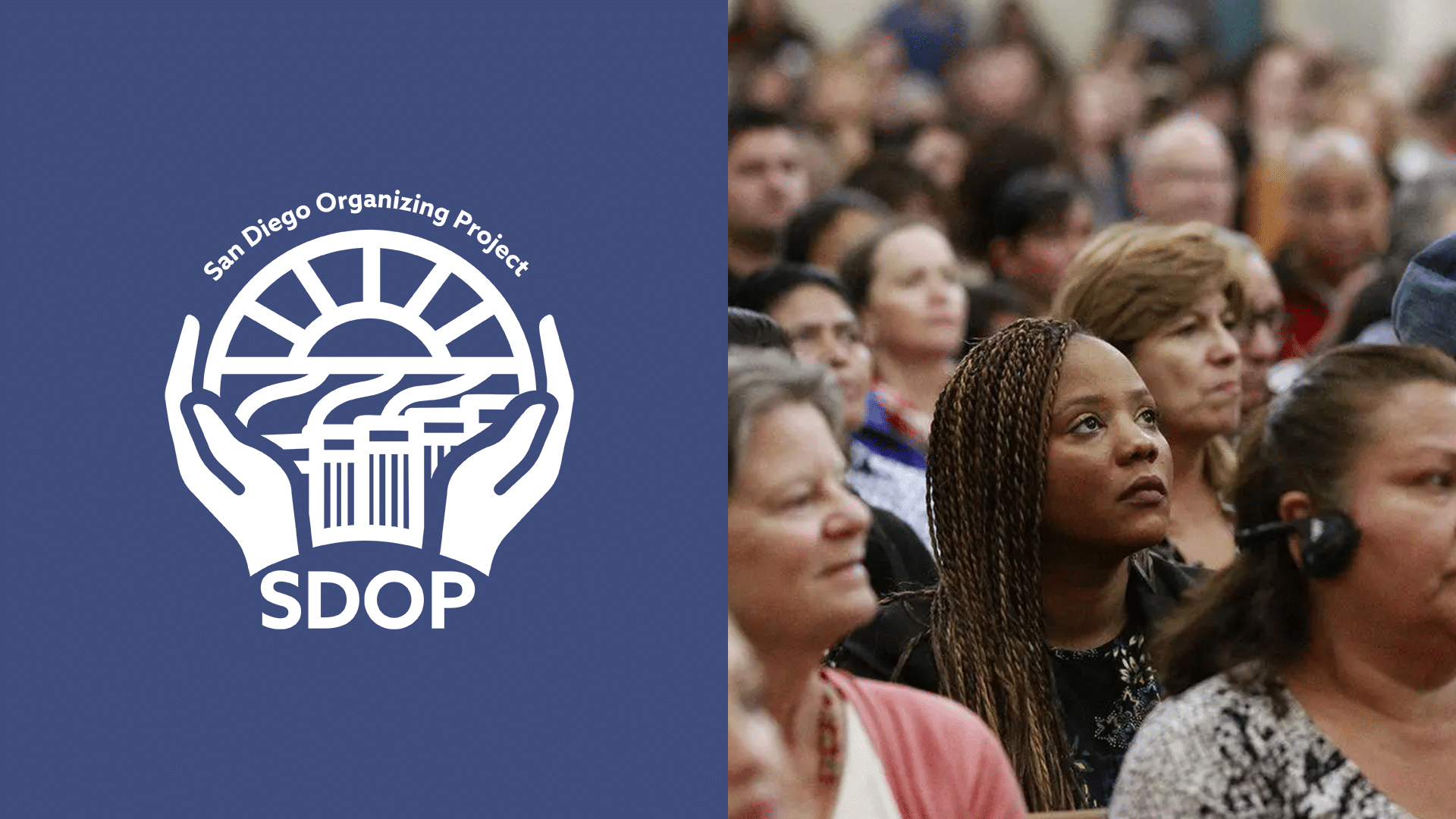 San Diego Organizing Project logo with a photo of a crowd of people listening to a speaker