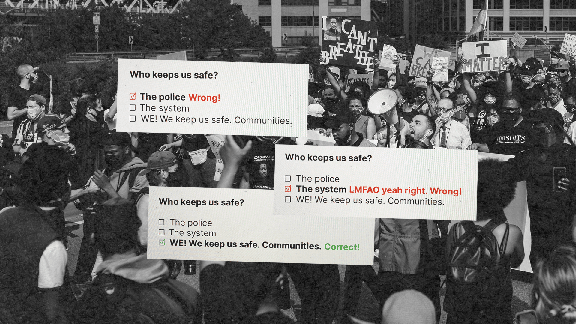 Collage of multiple choice questions asking "Who keeps us safe?". Answers include: "The police - Wrong!", "The system - LMFAO yeah right. Wrong!" and "WE! We keep us safe. Communities. - Correct!". The questions are laid over a photo of a Black Lives Matter protest.