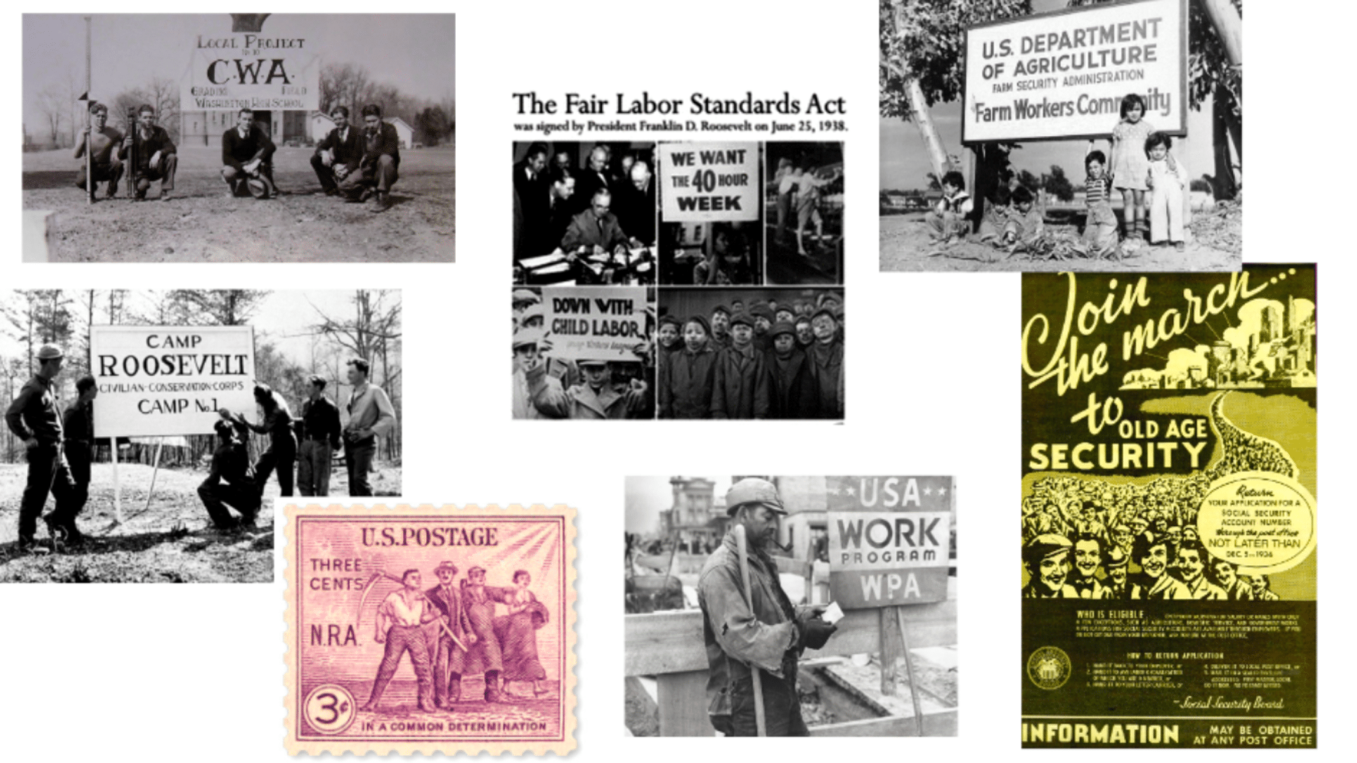 Collage of old photos and artwork promoting New Deal programs