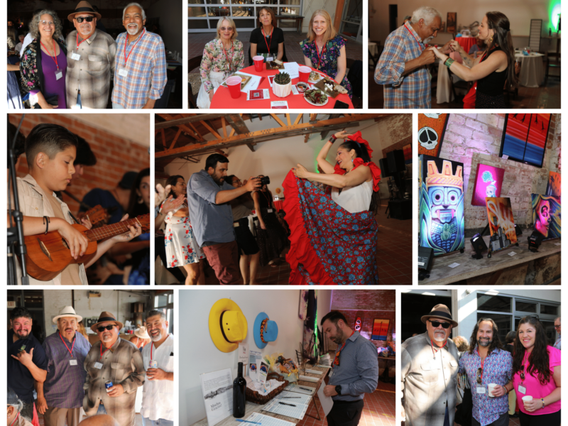 Collage of event photos showing attendees mingling, dancing, playing instruments, and viewing colorful art displays.