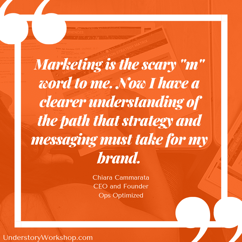 Quote from Chiara Cammarate: "Marketing is the scary M word to me. Now I have a clearer understanding of the path that strategy and messaging must be take for my brand."