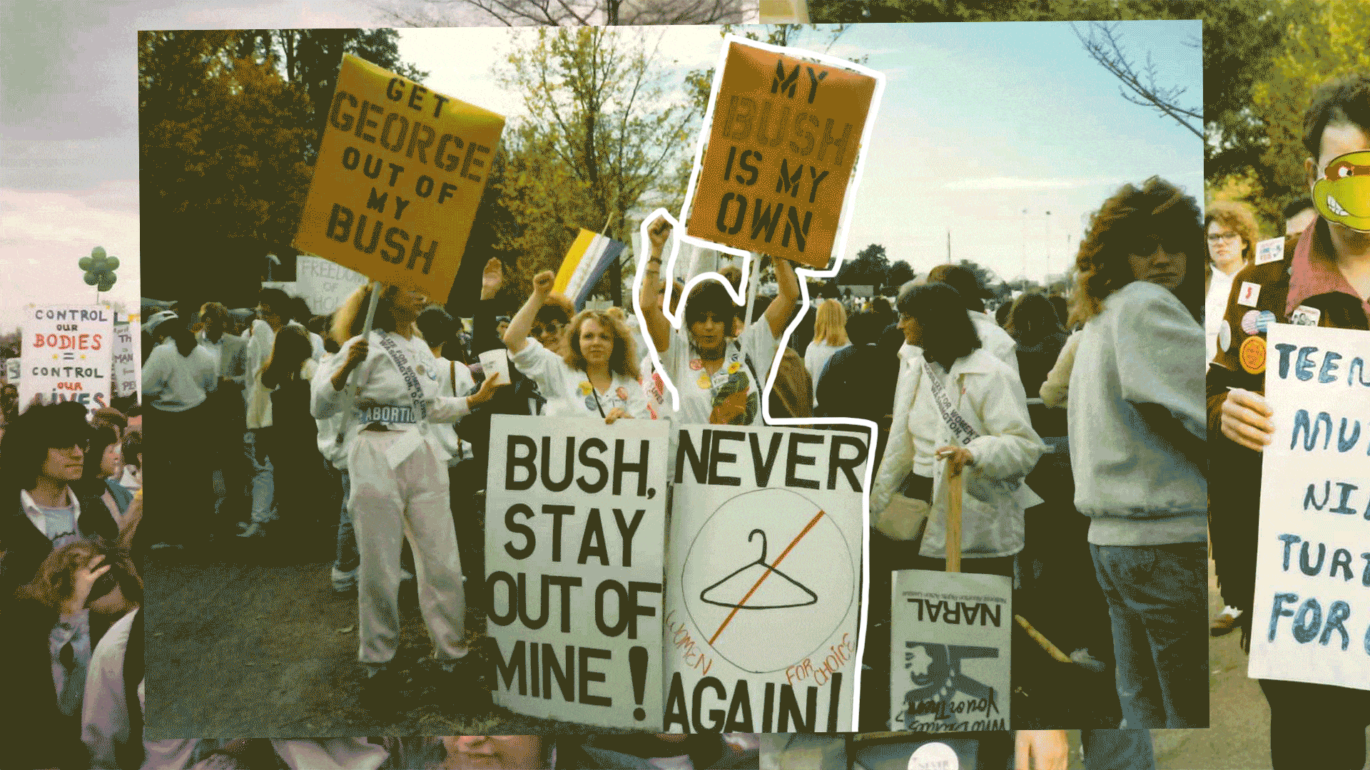 Vivienne Esrig at an abortion rights protest holding up a sign that reads "my bush is my own"