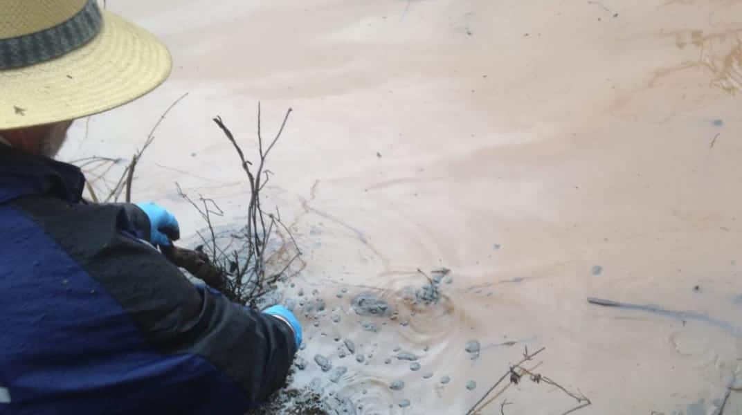 Person with gloves reaching into water site